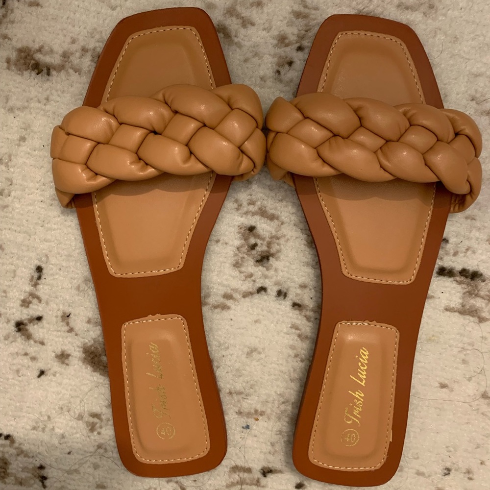 Trish Lucia tan slip on sandals